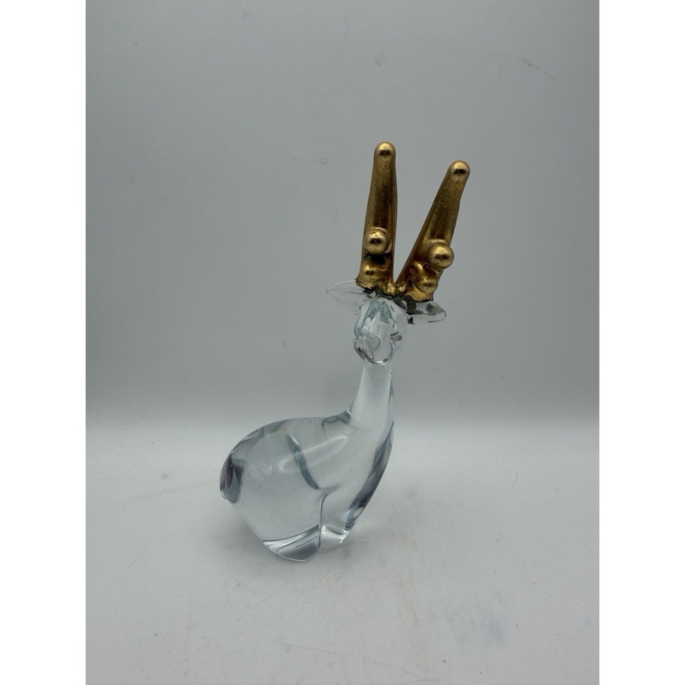 Vintage Clear Glass Deer Figurine Gold Antlers 5.5" Tall MCM Style Decor